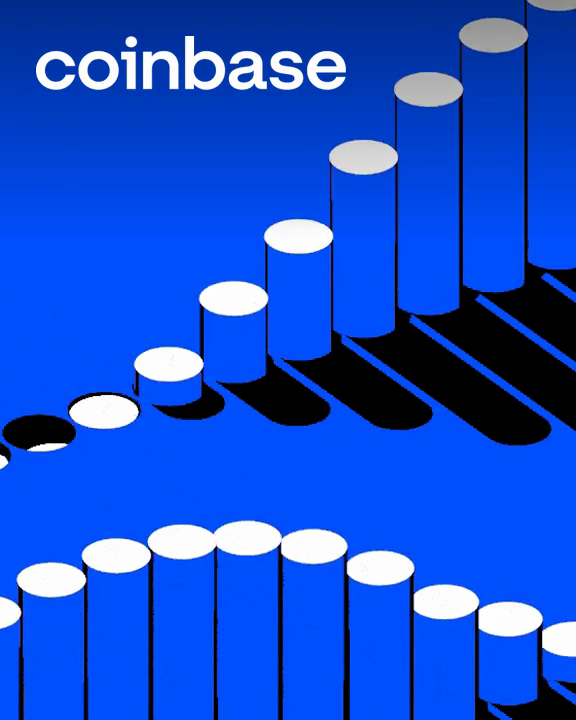 Coinbase wordmark over blue 3D coin animation and a global digital network.